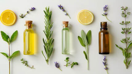 Various essential oils and herbs in bottles on table