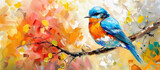Fototapeta Motyle - Blue Bird Sitting on Autumn Branch Acrylic Painting. Canvas Texture, Brush Strokes Banner