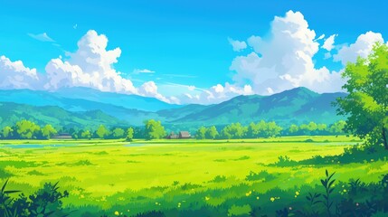 Wall Mural - capture the serene beauty of a springtime rural landscape featuring lush green fields under a clear 