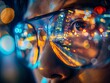 A person is wearing glasses and looking at a cityscape. The glasses are reflecting the city lights, creating a colorful and vibrant effect. Concept of wonder and fascination with the city's beauty