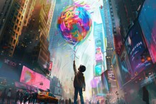 Curious Child In A Sweater Holding A Balloon On A Busy City Street, Enchanted By The Dazzling Lights