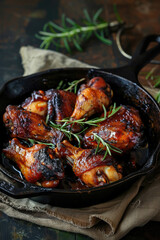 Wall Mural - Baked chicken wings in pan on wooden table. Top view