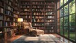 A cozy home library with floor-to-ceiling bookshelves filled with customizable book collections. A comfortable reading nook with an oversized armchair 