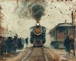 color stock photo of a classic steam train departing from the station in the early 1900s, smoke billowing, and passengers waving goodbye, vintage style