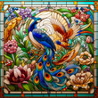 Exotic AI generated Peacock and birds surrounded by flowers on an Art Deco-stained glass background.
