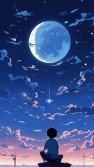 boy sitting on a hill enjoying the clear sky at night with a bright moon and stars. animated looping