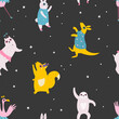 Colorful seamless pattern with funny dancing animals in disco glasses and costumes.
