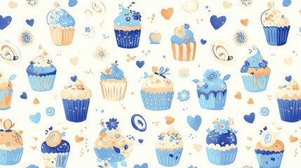 Wall Mural - Illustrate your designs with this stock 2d featuring cupcakes adorned with hearts flowers and a charming blue outline on a pristine white backdrop Perfect for embellishing your ideas includ