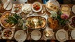 A festive table set with traditional Shavuot foods like cheesecake, blintzes, and dairy dishes, surrounded by family and friends celebrating the holiday.