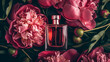 Perfume bottle with beautiful flowers. Beauty concept. Flat lay, top view