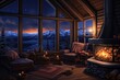 Cozy living room in the mountains at night.