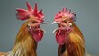 Two Phasianidae roosters with open beaks yelling ai each other, studio photo