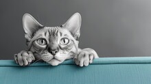 Sphynx Cat Lying On Blue Background, Black And White, Copy Space