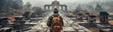 Fototapeta Kwiaty - Young Indian man with backpack and camera explores ancient ruins, traveling for discovery amidst historical architecture