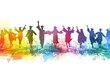 Vibrant watercolor splash background with silhouettes of graduates tossing their caps in celebration of their graduation