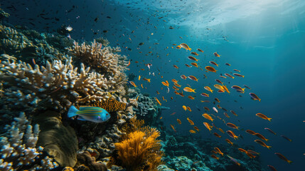 Wall Mural - A large school of fish swims gracefully above a vibrant coral reef teeming with life in the ocean