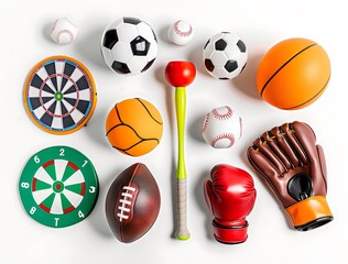  vibrant sports equipment, including a football, bat, soccer ball with a ring around it