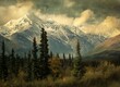vintage photo of Alaska mountain range with snow on the peaks, dramatic sky, 