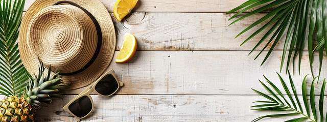 Wall Mural - vacation concept, glasses hat pineapple on wooden background