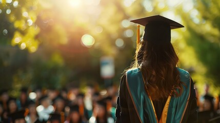 Back view of a young female graduate in gown and cap facing the crowd under sunlight filtering through trees at the commencement