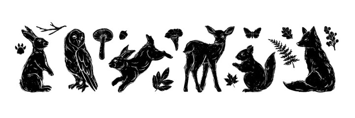 Forest animal linocut icon set, vector nature wooden fauna print, cute rabbit silhouette, baby deer. Woodcut retro Scandinavian engraving illustration, fox, owl, botanical leaf. Forest linocut poster
