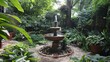 A peaceful backyard garden with a bubbling fountain surrounded by lush foliage, where birds come to bathe and chirp happily.