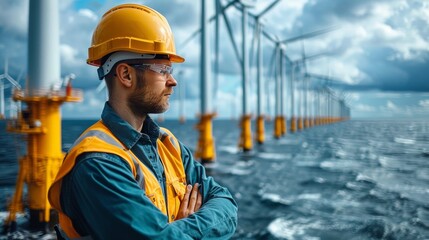 Workers on windmill in ocean environmental concept wind energy