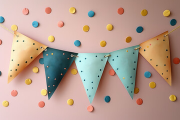 Wall Mural - festive birthday party banner with pastel confetti on pink background