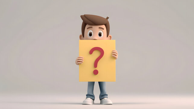 Cute 3D rendered character holding up a question mark 