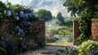 A quaint English garden with a brick wall covered in climbing hydrangeas and lavender, offering a peaceful retreat with views of a tranquil pond and blooming meadow.