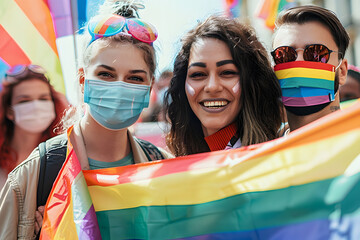 Wall Mural - Gay people smiling at pride parade with LGBT flags while wearing protective face mask - Main focus on left girl face