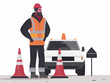 Illustration of an engineer standing beside a vehicle at a road construction site.