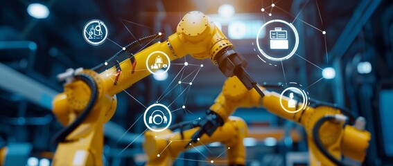 Poster - AI technology in industry, yellow robot arms, manufacturing, product design icons floating above, connected lines show flow of information