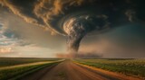 Fototapeta  - Dramatic Tornado, Intense Twister Swirling Over Open Plains, Dark Sky, Danger, Power, Green Grass, Dirt Roads Nearby