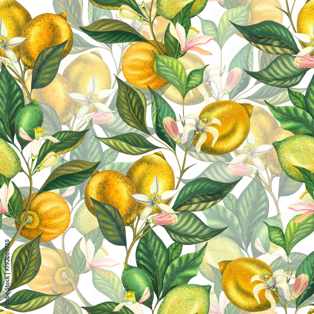 Watercolor seamless pattern with blooming lemons and lime branch with ...