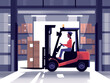 Illustration of a forklift operator moving boxes inside a warehouse with shelves lined with goods.