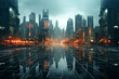 Busy futuristic hi-tech cityscape with many tall buildings at night sci-fi illustration