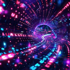 Poster - Futuristic Data Stream Tunnel with Glowing Binary Code and Neon Lights Technology Concept