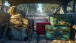 This enchanting image features a lovable dog, sitting calmly in the back seat of a car that's ready for vacation, with colorful suitcases piled high next to it.