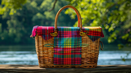 Wall Mural - a colorful checkered picnic basket placed on a wooden surface.