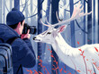 Illustration of a photographer taking a photo of a white deer in a stylized forest.