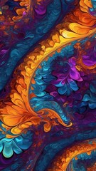 Poster - Mesmerizing swirl of vibrant colors creates visual symphony, where deep blues, purples, oranges intertwine in elegant dance of hues. Fluidity of shapes.