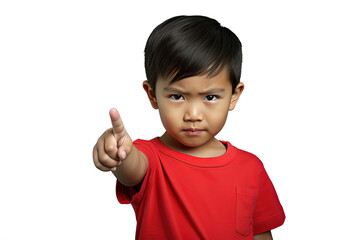 Close up of an asian boy pointing with his finger