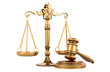 Golden Wooden Gavel and Scales of Justice, 3D rendering isolated on transparent background