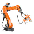Robotic Arm with electrostatic air spray gun, 3D rendering isolated on transparent background