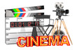 Movie camera, film reel, chair, megaphone and digital clapperboard with cinema signboard. Cinema concept, 3D rendering isolated on transparent background