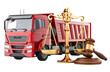 Tipper Truck with wooden gavel and scales of justice. 3D rendering isolated on transparent background