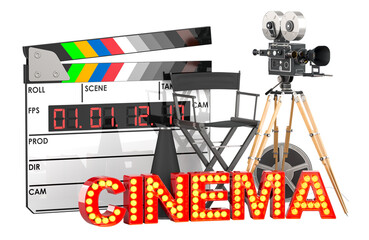 Poster - Movie camera, film reel, chair, megaphone and digital clapperboard with cinema signboard. Cinema concept, 3D rendering isolated on transparent background