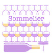 A sommelier, or wine steward and wine expert is the theme of this 3-d illustration. Wine glasses, stemware, bottle and corkscrew are seen with red and white wine in an abstract wine logo.