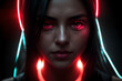 Exotic brunette face closeup woman in atmosphere lit by vibrant glow of neon lights.